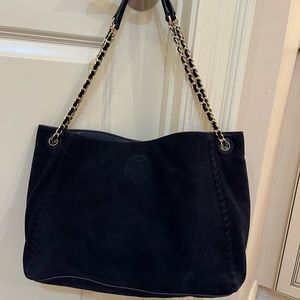 Tory Burch Suede Navy blue chain handbag purse Marion shoulder tote